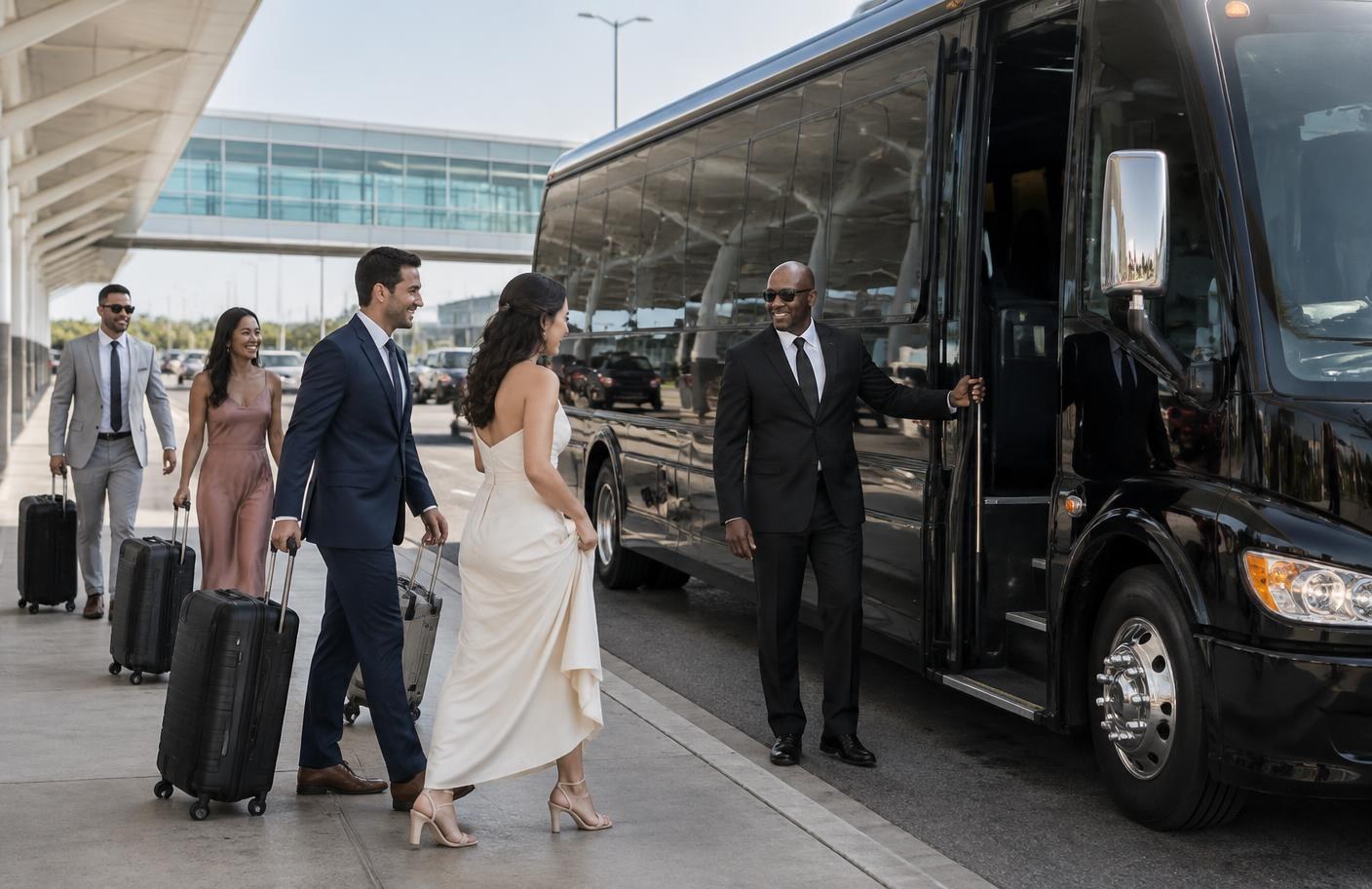 Oakland airport limo bus pickup for Sonoma County wedding and group transportation
